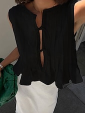 economico Camicie-Per donna Abbottonare Camicia in cotone e lino Tinta unica Essenziale Casual Senza Maniche Girocollo Top Regolari Quotidiano Volant Nero Bianco Rosso Estate Primavera