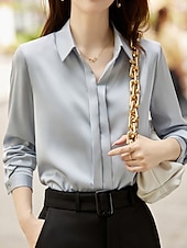 voordelige Elegante topjes-Dames Overhemd Blouse Effen Kleur Basic Casual Lange mouw Overhemdkraag Normale tops Dagelijks Knop Wit Groen Grijs Herfst Winter