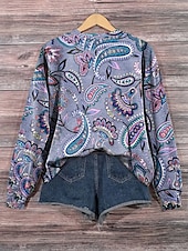 billige Boho topper-Dame Blomstret Fritid Langermet Hettegenser Vanlige topper Trykt mønster Lilla Høst Vinter