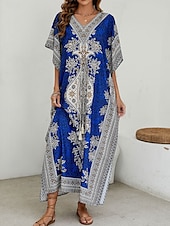 billiga Bohemklänningar-Dam Maxiklänning Vardagsklänning Boho Chic klänningar Boho-klänning bohemliv söt stil Stylish Semester Dagligen Strand Lös passning Grafisk Kortärmad V-hals Rubinrött Blå Sommar Vår Höst