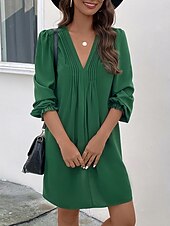 cheap Work Dresses-Women&#039;s Casual Dress Mini Dress Ruched Casual V Neck Long Sleeve Green Color