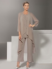 economico Lunghezza del pavimento-tuta / tailleur pantalone 3 pezzi abito per la madre della sposa matrimonio in spiaggia elegante scollo gioiello lunghezza pavimento chiffon manica lunga coprispalle incluso con pizzo tinta unita 2025