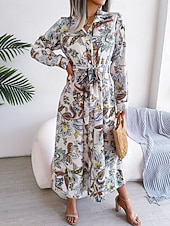 halpa Mekot-Naisten Maksimekko Rento mekko A linjainen mekko Boho-mekko Böömi Tyylikäs Vapaa-aika Loma Päivittäin Normaali Paisley-kuvio Pitkähihainen Paitapuserokaula-aukko Valkoinen Kuninkaallinen sininen