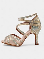 お買い得  ラテンダンスシューズ-クリスタルストラップ付き女性用メッシュラテンダンスシューズ - 社交ダンスやサルサに最適