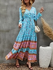 preiswerte Ausgefallene Kleider-Damen Maxidress Casual kleid Schaukelkleid Langärmliges Boho-Kleid A Linie Kleid Böhmen Brautkleider schlicht Urlaub Täglich Regular Fit Blumen Langarm V Ausschnitt Gelb Rosa Blau Frühling Herbst