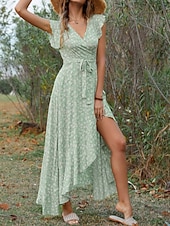 voordelige Casual bloemenjurken-Dames Maxi-jurk Casual jurk Boho chique jurken Bohemen leuke Style Stijlvol Flutter mouw Vakantie Dagelijks Strand Ruim Passend Grafisch Korte mouw V-hals Groen Donkerblauw Zomer Lente
