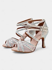 お買い得  ラテンダンスシューズ-クリスタルストラップ付き女性用メッシュラテンダンスシューズ - 社交ダンスやサルサに最適