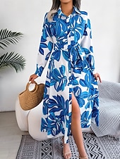 preiswerte Kleider für die Ferien-Damen Maxidress blusenkleid Casual kleid A Linie Kleid Stilvoll Brautkleider schlicht Urlaub Täglich Regular Fit Blumen Langarm Hemdkragen Blau Orange Frühling Herbst