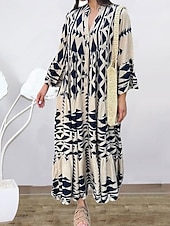 olcso Elegáns virágos ruhák-Női Maxiruha hétköznapi ruha Boho elegáns ruhák Csehország aranyos stílus Stílusos Vakáció Napi Tengerpart Laza öltözet Grafika Rövid ujjú V-alakú Fekete Rubin Medence Nyár Tavasz Ősz
