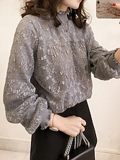 economico Top in Pizzo-Per donna Top fluidi Tinta unica Elegante Donne Manica lunga Collo alto Top regolari Per uscire Pizzo Bianco Grigio Primavera Autunno