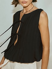 economico Camicie-Per donna Abbottonare Camicia in cotone e lino Tinta unica Essenziale Casual Senza Maniche Girocollo Top Regolari Quotidiano Volant Nero Bianco Rosso Estate Primavera
