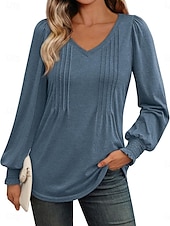cheap Plain tee-Women&#039;s Shirt Blouse Solid Color Basic Casual Long Sleeve V Neck Regular Tops Daily Ruched Smocked Pink Blue Green Summer Spring