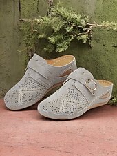 halpa Naisten pistokkaat-naisten rei&#039;itetty harmaa keinonahkainen kiilamuuli - mukavat jalkineet vapaa-aikaan