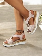 preiswerte Lässige Sandalen-Damen-Espadrille-Keilsandalen im Boho-Stil mit metallischem Ringdetail – Riemchen-Sommerschuhe für Freizeit und Strand
