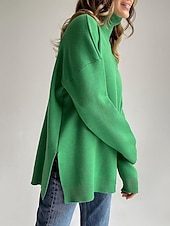 abordables Couleurs unies-Femme Pull Chandail Décontractées Flexible Couleur monochrome A côtes Col Roulé Fendu Tricoté manche longue Hauts réguliers Tricoter Extérieur du quotidien Fin de semaine Bleu Roi Vert Automne Hiver