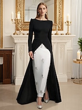 cheap BLACK-Sheath / Column Evening Gown Elegant Dress Formal Wedding Guest Floor Length Long Sleeve Off Shoulder Nylon with Rhinestone