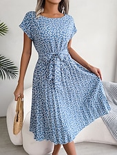 cheap Casual Floral Dresses-Women&#039;s Midi Dress Casual Dress A Line Dress Stylish Casual Vacation Daily Regular Fit Floral Short Sleeve Crew Neck Pink Light Blue Summer Spring