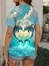 tanie hawajska herbata-Damskie Podkoszulek Zwierzę Elegancki Codzienny Krótki rękaw W serek Zwykłe topy Codzienny Nadruk Niebieski Lato