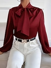 cheap Dressy Tops-Women&#039;s Shirt Elegant Dressy Satin Solid Color Business Modern Casual Long Sleeve Shirt Collar Regular Tops Work Formal Wear Bow Wine Navy Blue Summer Spring