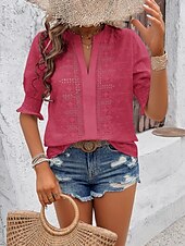 preiswerte Spitzenoberteile-Damen Hemd Bluse Feste Farbe Basic Brautkleider schlicht Halbe Ärmel Gekerbter Hals Normale Oberteile Täglich Bestickt Weiß Rosa Grün Sommer Frühling &amp; Herbst