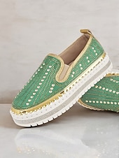 preiswerte Damen-Sneaker-Grüne Slip-On-Sneakers mit Strasssteinen und dicker Sohle für Damen – glamouröse Freizeitschuhe für Partys und den Alltag