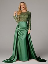 preiswerte Sekt-Meerjungfrau Abendkleid Elegantes Kleid Karneval Maskerade bodenlang langärmlig Illusions-Ausschnitt Champagner Brautmutter Kleid Satin mit Perlen Überrock