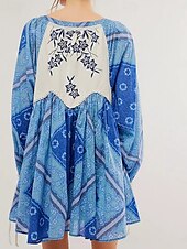 billiga Casual blommiga klänningar-Dam Mini klänning Vardagsklänning Boho-klänning Etnisk Ledigt Semester Dagligen Normal Blommig Långärmad V-hals Vin Blå Grön Vår Höst