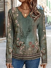 tanie T-shirt boho-Damskie Podkoszulek Kwiaty Codzienny Długi rękaw Karbowana szyja Zwykłe topy Urlop Codzienny Nadruk Zielony Wiosna i jesień