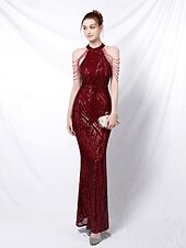 abordables ROUGE-Robe de soirée en sirène  trompette élégante Robe formelle mariage longueur de sol sans manches col halter sequins avec paillettes frange 2025