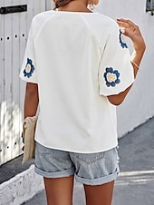 preiswerte Damen Urlaub Oberteile-Damen Hemd Bluse Blumen Stilvoll Brautkleider schlicht Kurzarm V Ausschnitt Normale Oberteile Täglich mit Schnürung Bestickt Weiß Marineblau Sommer Frühling