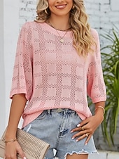 お買い得  単色-女性用 ニット カジュアル ソフト ピュアカラー リブ クルーネック ニット 七分袖 レギュラートップス ニット アウトドア 日常 週末 ホワイト ピンク 春 秋