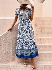 preiswerte Ausgefallene Kleider-Damen Maxidress Casual kleid Schaukelkleid A Linie Kleid Boho-Kleid Brautkleider schlicht Täglich Regular Fit Blumen Halbe Ärmel V Ausschnitt Blau Sommer Frühling