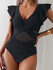billiga One-piece-baddräkter-Dam Badkläder En bit Monokini Baddräkt Volang Öppen rygg Magkontroll Hög midja Smal Semester Standkläder Ensfärgat V-hals Ärmlös Baddräkter