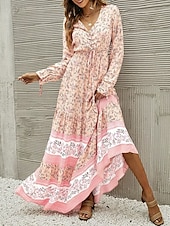 preiswerte Ausgefallene Kleider-Damen Maxidress Casual kleid Schaukelkleid Langärmliges Boho-Kleid A Linie Kleid Böhmen Brautkleider schlicht Urlaub Täglich Regular Fit Blumen Langarm V Ausschnitt Gelb Rosa Blau Frühling Herbst