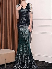 abordables Semi-formel / Cocktail-Robe de Prom Sirène  Trompette Sequin Robe de Soirée Ombre Cocktail Formelle Longue au Sol Sans Manches Col en V avec Perles Sequin
