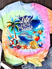 Χαμηλού Κόστους Tie Dye &amp; Gradient t-shirt-Γυναικεία Μπλουζάκι Δετοβαμένο Γράμμα Καθημερινό Κοντομάνικο Στρογγυλή Λαιμόκοψη Κανονικά μπλουζάκια Καθημερινά Στάμπα Ανθισμένο Ροζ Βυσσινί Καλοκαίρι