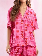 ieftine Seturi noapte pentru femei-Pentru femei Set pijama Casual Confortabili Inimă Butonul sus Buzunar Talie elastică Cămașă Pantaloni Scurți Casă Ziua Îndrăgostiților Zilnic Manșon scurt Guler Cămașă Roz Îmbujorat Fucsia Var