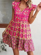 levne Tisknout květinové šaty-dámské boho grafické minišaty s výstřihem do V letní jaro bez rukávů