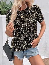 billige Dressy topper-Dame Paljetter Glitrende Party Glimmer عادي Mote Moderne Fritid Kortermet Crew-hals Vanlige topper Daglig Helg Paljetter Svart Rosa Gull Sommer Vår