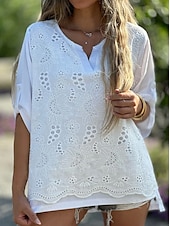 preiswerte Hemden-Damen Leinen-inspirierte Hemden Oberteil mit Ösen Weiße Baumwollbluse Elegante Oberteile Elegant Stilvoll Modern Langarm V Ausschnitt Normale Oberteile Arbeit Täglich Ferien Patchwork Ausgehöhlt Weiß