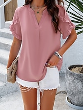 preiswerte Damen Arbeitsoberteile-Damen Hemd Bluse Feste Farbe Basic Brautkleider schlicht Kurzarm Gekerbter Hals Normale Oberteile Täglich Rüsche Rosa Blau Khaki Sommer