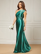 preiswerte BLAU-Meerjungfrau/Trompete Abendkleid elegantes Kleid formal bodenlang ärmellos eine Schulter Satin mit gerüschten 2025