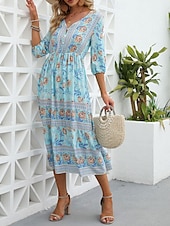 abordables Robes Bohémiennes-Femme Robe Maxi Robe casual Robes bohème chic Robe Trapèze robe boheme Bohême Le style mignon mode Vacances du quotidien Plage Ample Graphic Manches 3/4 Col V Rose Claire Bleu Abricot Printemps