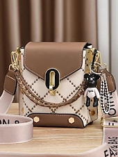 お買い得  クロスボディ・バッグ-クマのチャーム、チェーンストラップ、カラーブロックデザインが特徴の、女性用のトレンディなチェック柄ミニショルダーバッグ。カジュアルなお出かけや普段使いにぴったり。アースイエローブラック