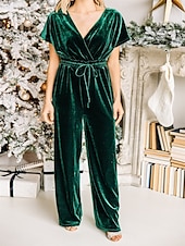 abordables combinaisons décontractées-Femme Normal Combinaison mode Couleur unie Manche Courte Col V Cordon Soirée Travail Ample Noir Vert Printemps