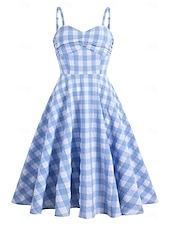 preiswerte Kleider-Retro Vintage 1950er Rockabilly Knielang Kleid Swing-Kleid Ausgestelltes Kleid Spaghetti-Träger Tupfen Kariert / Gingham A-Linie Damen Karneval Urlaub Alltagskleidung Junggesellinnenabschiedsparty