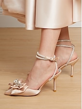 cheap Prom-Nude Satin Rhinestone Bow Pointed Toe Stiletto Heels for Women - Prom Party Shoes or Wedding