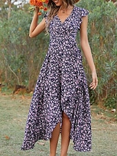voordelige Casual bloemenjurken-Dames Maxi-jurk Casual jurk Boho chique jurken Bohemen leuke Style Stijlvol Flutter mouw Vakantie Dagelijks Strand Ruim Passend Grafisch Korte mouw V-hals Groen Donkerblauw Zomer Lente