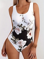 billiga One-piece-baddräkter-Dam Badkläder En bit Monokini Baddräkt Öppen rygg Magkontroll Hög midja Smal Semester Standkläder Blommig U-hals Ärmlös Baddräkter