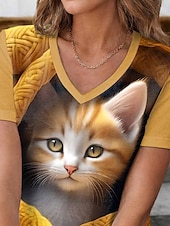 abordables T-shirt Animaux-Femme T shirt Chat mode Décontractées Manche Courte Col V Hauts réguliers du quotidien Imprimer Jaune Eté